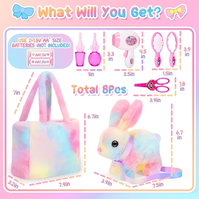 Plush Interactive Bunny Toys for Kids with Tote Bags,Stuffed Robot Pet Rabbit with Leash Hopping Wiggle Ears Pretend Play,Realistic Cute Fidget Toys for Toddler Stocking Stuffers Birthday Gifts
