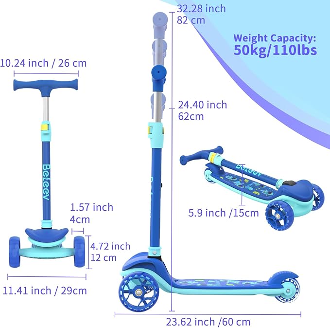 BELEEV A8 Scooter for Kids Ages 3-12, 3 Wheel Folding Scooter for Toddlers Girls Boys, LED Light-Up Wheels, 4 Adjustable Height, Lean to Steer, Extra Wide Wheels, Three Wheel Kick Scooter for Children