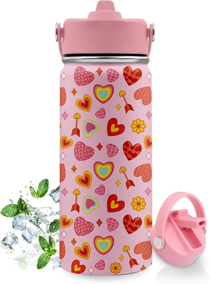 Heart Gifts for Kids - 16 Oz Kids Water Bottle with Straw Lid, Stainless Steel Insulated Tumbler, Leak Proof, BPA-Free, for Girls, School, Travel - Heart Pattern Children Birthday Gifts Cups(1pc)