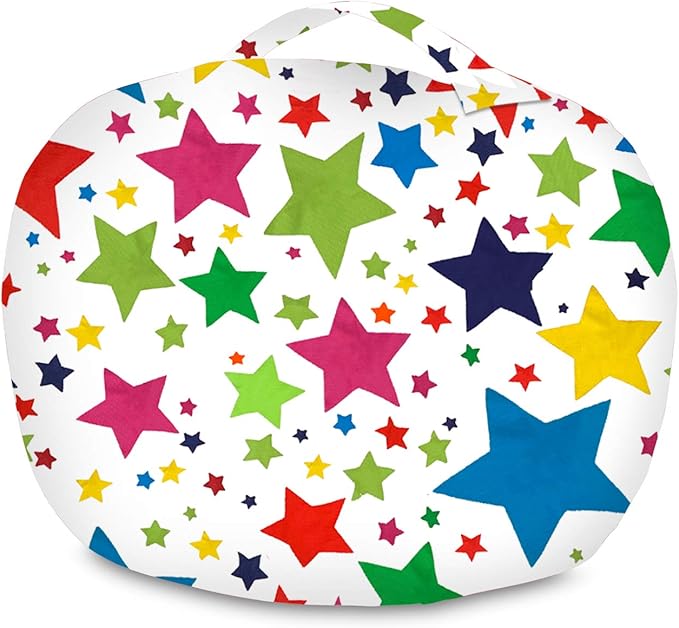 Posh Creations Stuffable Kids Stuffed Animal Storage Bean Bag Chair Cover - Childrens Toy Organizer, Medium-27 - Canvas Stars Bright Multi-Colored