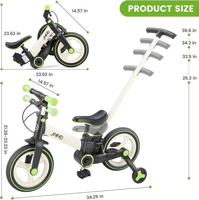 JMMD Toddler Bike with Push Handle for Kids 18-60 Months, 6 in 1 Foldable Push Bike with Training Wheels, Pedals, Brakes, Kickstand, Kid Balance Bike Gift & Toys for Boy & Girl