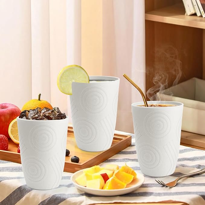 Wheat Straw Cups 16 OZ - Unbreakable Drinking Cup Set of 6 Plastic Cups Reusable Lightweight Glasses Drinking Cup Microwave & Dishwasher Safe Water Glasses Tumbler - White
