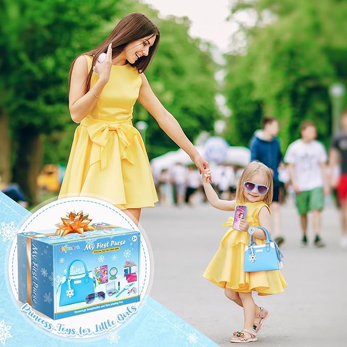 Shemira Play Purse for Little Girls, Princess Pretend Toys for Girls 3 4 5 6 7 8 Years Old, Christmas & Birthday Gift for Kids Age 3-5 4-6 6-8, Toddler Purse with Accessories, Kids Toy Purse, Blue