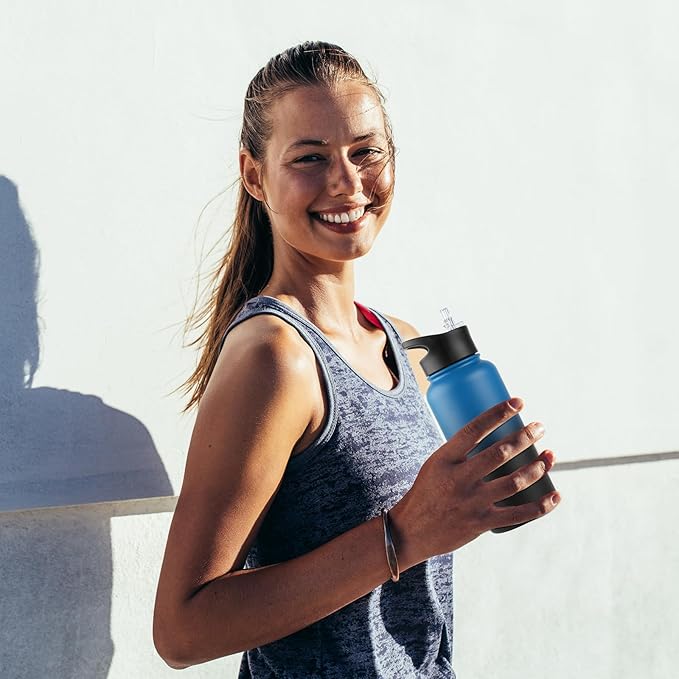 32 Oz Insulated Water Bottle with Straw Lid & Wide Mouth Lids, Stainless Steel Sports Water Bottles, Double Walled Vacuum, Leak Proof, Blue Black Gradient