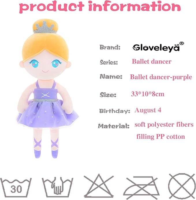 Gloveleya Baby Doll Girl Gift Ballerina Plush Soft Doll Light Purple