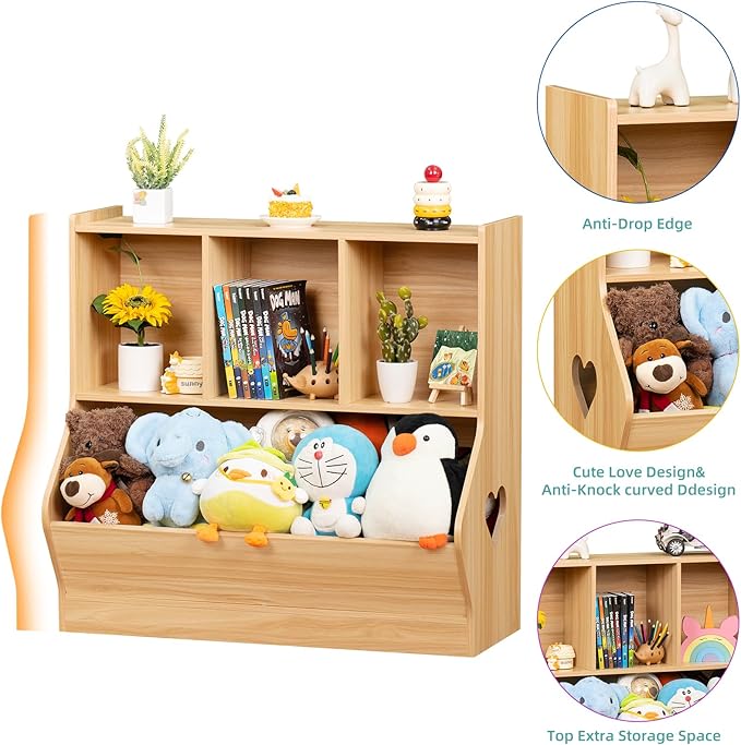 Lerliuo Kids Toy Storage Organizer, Children Small Bookcase and Bookshelf, Toddler 4 Cubby Toy Storage Cabinet, Toy Shelf for Playroom, Bedroom, Living Room, Nursery, School 29.53'' H (Natural)