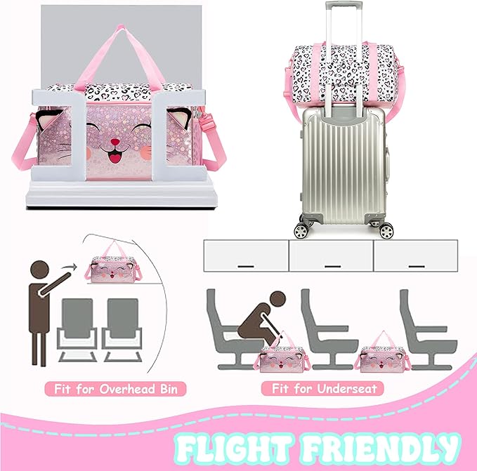 Girls Pink Cat Luggage with Wheels Suitcases Travel Softside Suitcases 16" Carry on Suitcase with Duffle Bag Luggage Sets Airline Approved