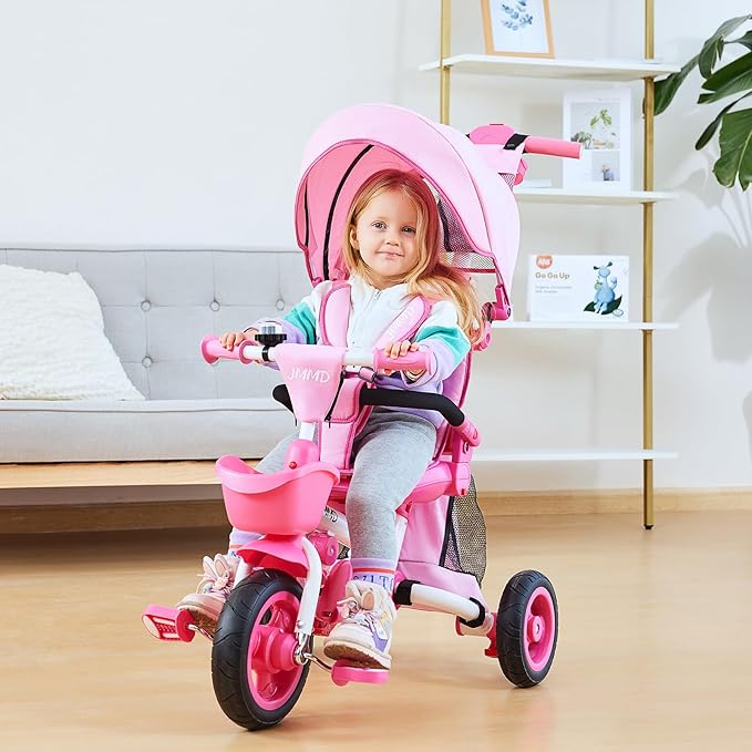 JMMD Baby Tricycle, 7-in-1 Folding Kids Trike with Adjustable Parent Handle, Safety Harness & Wheel Brakes, Removable Canopy, Storage, Stroller Bike Gift for Toddlers 18 Months - 5 Years(Pink)
