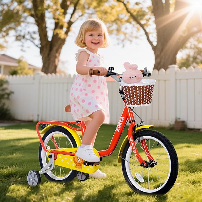 MEGHNA 16 inch Kids Bike Low - Step Through Frame Bike with Detachable Training Wheels Basket Adjustable Seat with Bell C Brake and Band Brake for 4-7 Years Old Child Boys Girls, Easy Ride