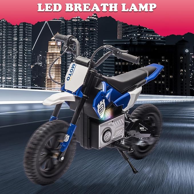 Electric Dirt Bike for Kids Ages 5-10, 24V 200W Higher Speed Electric Motorcycle, Kids Ride On Motorcycle with Rear Wheel Shock Absorber, LED Breathing Light, Bluetooth, Music, Horn, Blue