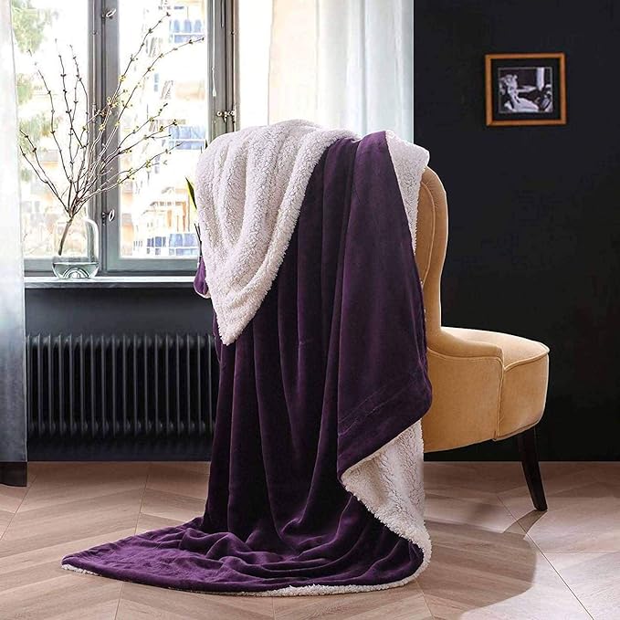 NANPiper Sherpa Blanket - Twin Size Thick Velvet Plush Reversible Bed Blanket for Winter - Purple (60"x80")