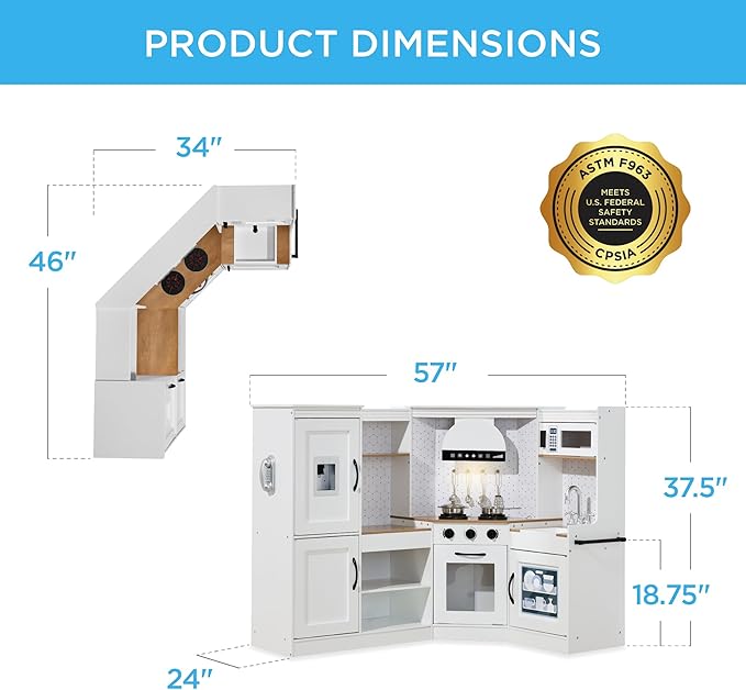 Best Choice Products Pretend Play Corner Kitchen, Ultimate Interactive Wooden Kids Playset w/Lights & Sounds, Ice Maker, Hood - Farmhouse White