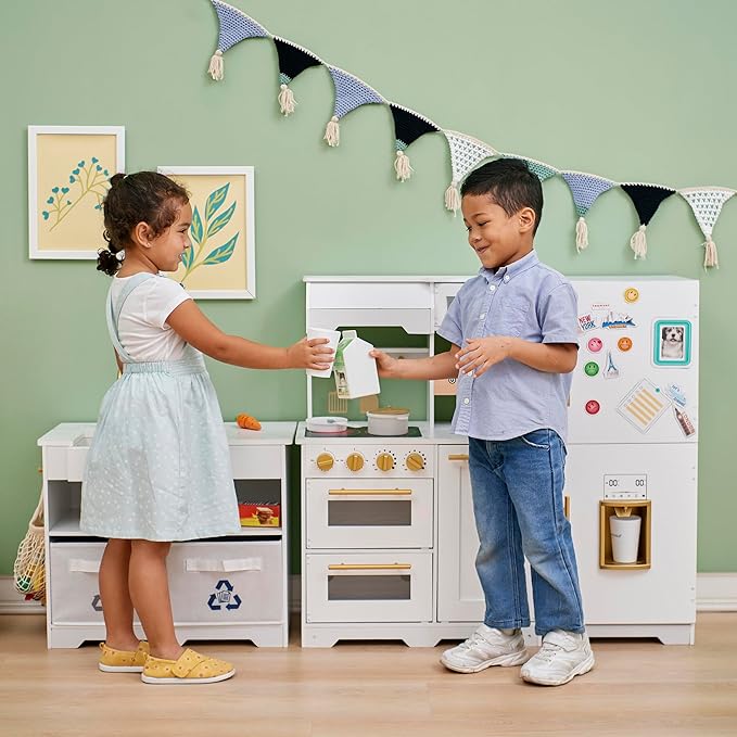Teamson Kids Little Chef Atlanta Large Modular Wooden Play Kitchen with Interactive, Realistic Features, and 17 Kitchen Accessories, for 3yrs and up, White/Gold