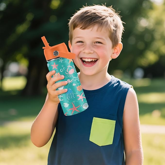 Ocean Gifts for Kids - 16 Oz Green Water Bottle with Straw Lid, Stainless Steel Insulated Tumbler, Leak Proof, BPA-Free, for Girls & Boys, School, Beach - Marine Life Lovers Birthday Gifts (1pc)