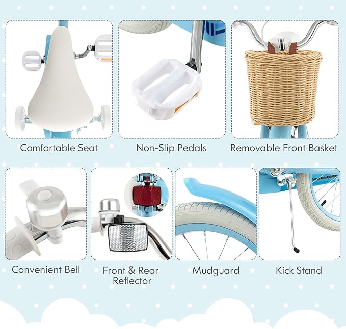 COSTWAY Kids Bike, 14 16 18 Inch Toddler Bike with Training Wheels, Basket, Adjustable Seat & Handlebar, Hand & Coaster Brakes, Bell, for Girl Boy Aged 3-8 Years Old