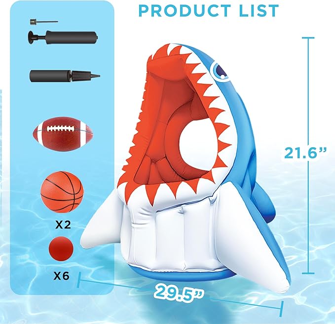 Pool Wave Kids Shark Pool Toy, 3-in-1 Inflatable Float Water Game Basketball Football Head Hoop Toss, Toddler Outdoor Summer Swimming Floating, Cool Family Party Gift Age 3 4 5 6 7 8 Year Old Boy Girl