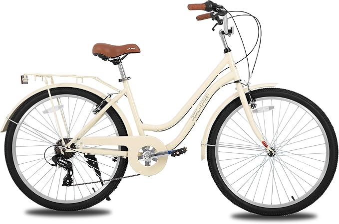 HILAND 26 inch Beach Cruiser Bike for Men and Women, 7 Speed Step-Through Frame Adult Bicycle with Rear Rack, Retrospec Bike Commuter City Bicycle