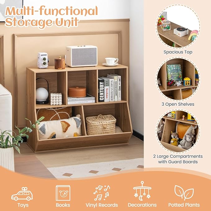 Costzon Toy Organizers and Storage with Bookshelf, Wooden 5 Cubby Children’s Book Shelf Toy Storage Cabinet Bookcase for Kids Room, Playroom, Kindergarten, Nursery (Natural)