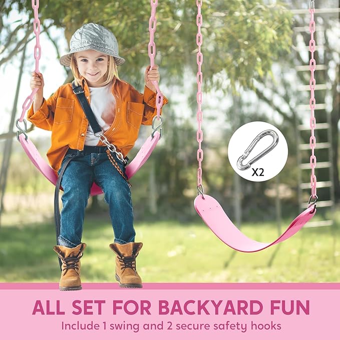 TURFEE Heavy Duty Swing Seat Pink Color with 66” Chain, Swing Set Accessories Replacement with Snap Hooks for Kids Outdoor Play Playground