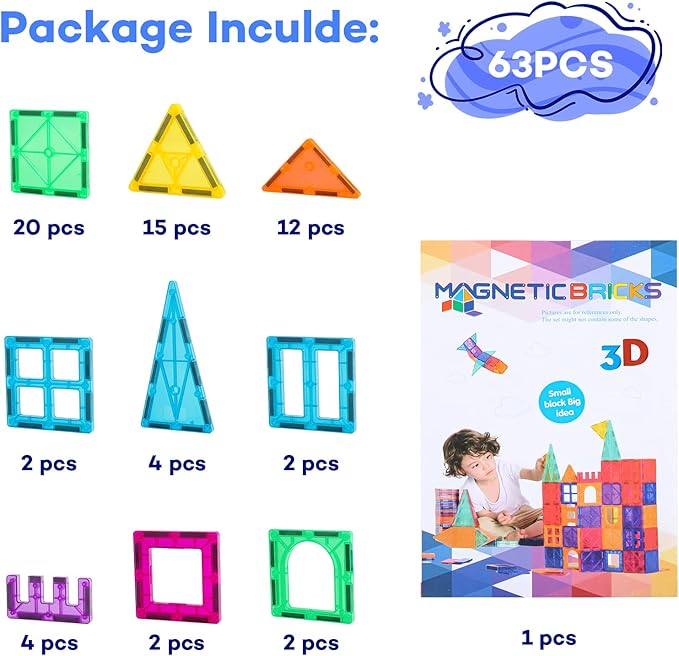 Magnetic Tiles, 63PCS Magnetic Blocks for Kids, Magnet Building Set, Construction Building Set,STEM Sensory Educational Toys Gift for Toddlers Kids 3 4 5 6 7 8 9 Year Old