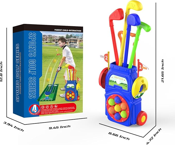 Toddler Golf Set for Boys & Girls Ages 2 3 4 5, Kids Golf Clubs with Putting Mat, Golf Cart, 7 Balls, 4 Golf Clubs, 2 Practice Holes, Indoor & Outdoor Toy Sports Gift