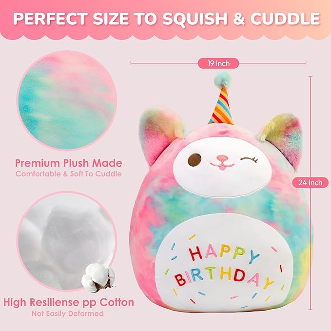 Sioloc 24" Rainbow Birthday Cat Plush Pillow - Soft Kitten Stuffed Animal Toy, for Kids, Toddlers, Birthday Decor