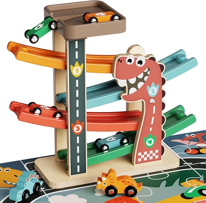 Montessori Toys for 1 Year Old, Car Ramp Track Toy for Toddlers 1-3, Wooden Toy Race Track with 4 Mini Cars, 2 Dinosaur Cars, 4 Ramps, Gift for Boys Girls Christmas Birthday