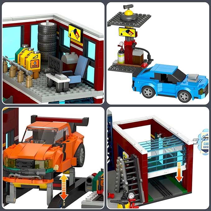 HOGOKIDS City Car Garage Building Set, 1022 PCS 3 in 1 Auto Repair Shop, Gas Station, Car Wash Building Block with 2 Custom Cars Pretend Play Mechanic Toy Birthday Gift for 10+ Kids Boys Teens Girls