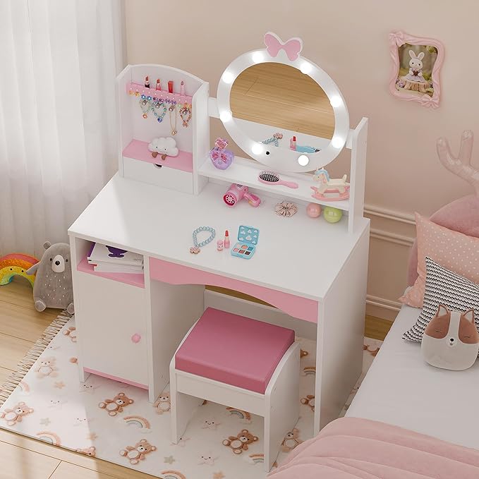 TOLEAD Kids Vanity, Girls Vanity Set with Mirror and Stool and Lights, Toddler Vanity Table and Chair Set with Jewelry Storage, Wooden Princess Makeup Desk Dressing Table for Little Girls (White)