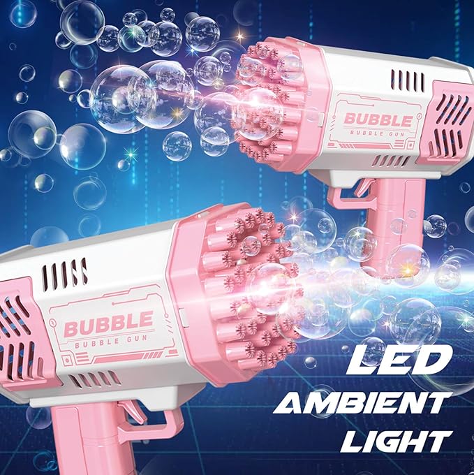 Dolanus Bubble Gun 2 Pack with 2 Bottles Bubble Solution, 40-Hole Light Up Dip Bubble Machine for Kids, Bubble Toy for 3 4 5 6 7 8 Years Old Boys Outdoor Indoor Kid Birthday Wedding Party(2*Pink)