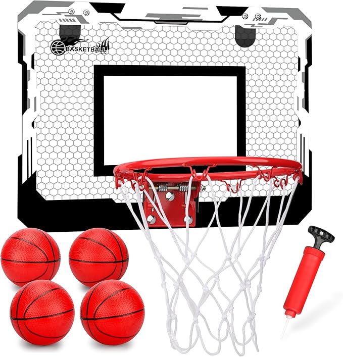 Indoor Mini Basketball Hoop Set, Upgrade Wall Mount Basketball Hoop for Wall Yard Outdoor, Over Door Room Hoops Game with 4 Balls Shatter Resistant Backboard -Complete Accessories Included