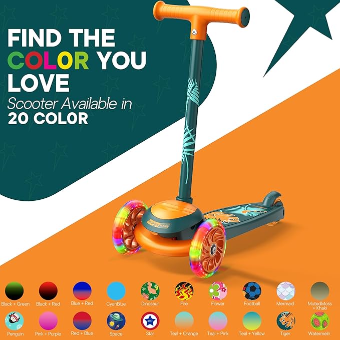 3 Wheel Scooter for Kids, Smooth Light Up LED Front Wheels, Wide Anti Slip Deck, Rear Foot Brake, Easy Lean to Steer Maneuvering, Indoor & Outdoor Ride On Toys for Ages 2 Up