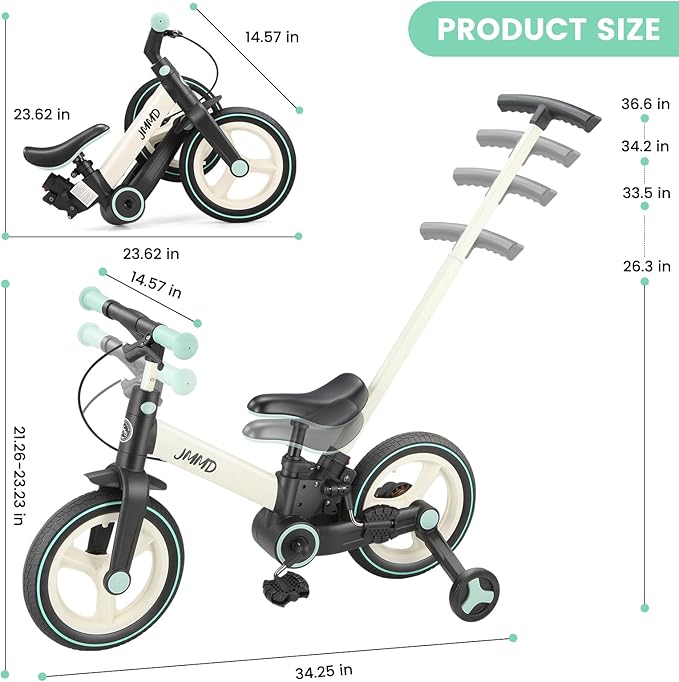 JMMD Toddler Bike with Push Handle for Kids 18-60 Months, 6 in 1 Foldable Push Bike with Training Wheels, Pedals, Brakes, Kickstand, Kid Balance Bike Gift & Toys for Boy & Girl