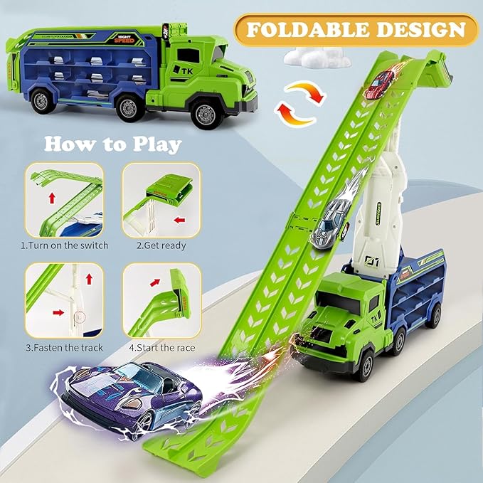 Toddler Car Truck Toys,Car Carrier Truck Toys for Kids Age 3-5 4-8,Foldable Car Track Sets with 2.8-Ft Race Track and 6 Die-Cast Race Cars, Truck Toys Gifts for 3 4 5 6 7 8+ Year Old Boys Girls(Green)