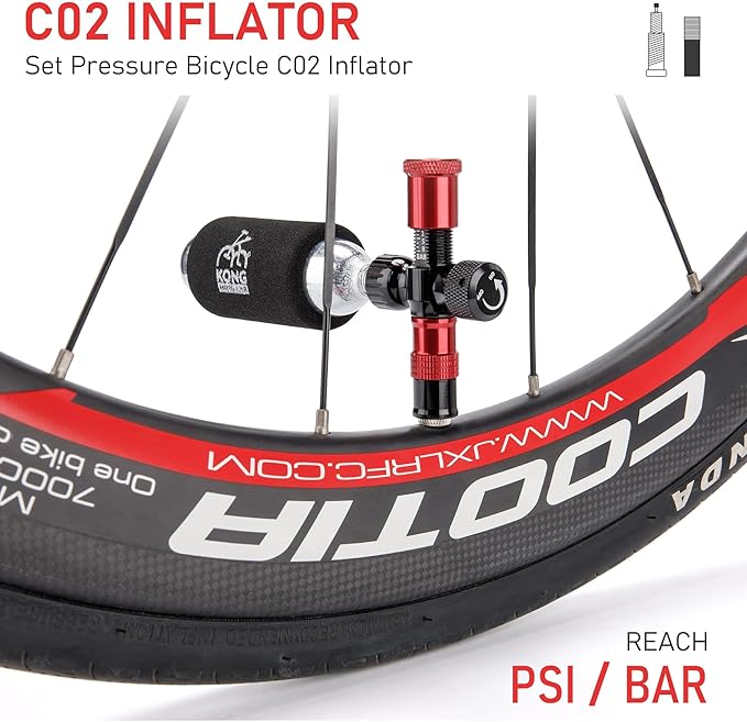 CO2 Inflator Kits with 6 X 16g / 25g CO2 Threaded Cartridges for Bike Tires, Presta and Schrader Valve Compatible, CO2 Bike Tire Pump for Mountain and Road Bicycles