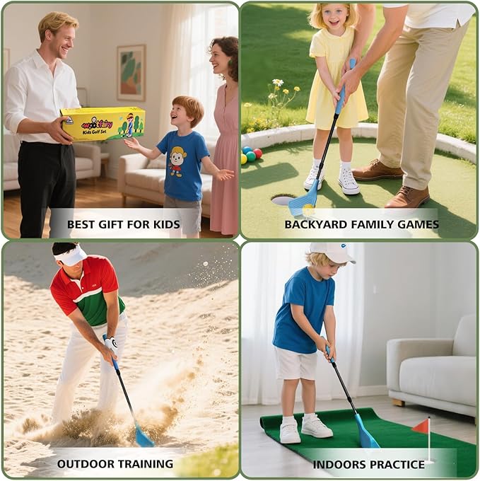 Kids Golf Club Set, Adjustable Backyard Outdoor Indoor Golf Clubs with Oversized Club Heads for Kids, Juniors, and Family Play Golf Game in Grass, Parks, Yards (Blue)