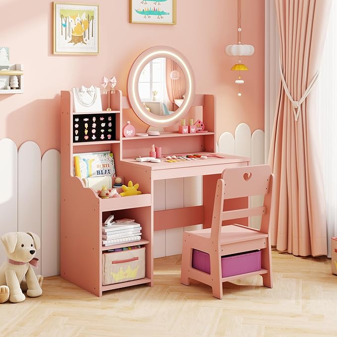 HONEY JOY Kids Vanity with Lights, Wooden Princess Makeup Dressing Vanity Desk with Jewelry Storage, Open Shelves, 2 in 1 Toddler Vanity Table & Chair Set with Lighted Mirror for Little Girls(Pink)