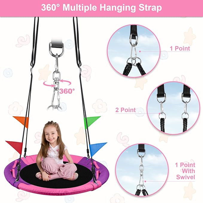 Odoland Kid Tree Swing - 40in Saucer Swings for Outdoor - Chidren Round 900D Waterproof Oxford Platform Swing - 660Lb Weight Capacity for Yard Pink