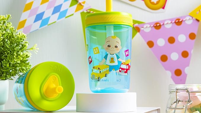 Zak Designs 15oz Cocomelon Kelso Tumbler Set, Leak-Proof Screw-On Lid with Straw Made of Durable Plastic and Silicone, Perfect Bundle for Kids
