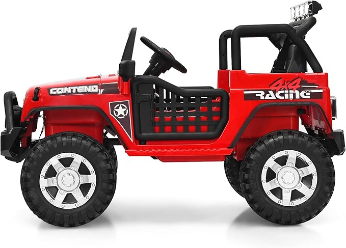 Costzon 2-Seater Ride on Truck, 12V Battery Powered Electric Vehicle w/Remote Control, 2 Speeds, Spring Suspension, LED Light, Horn, Music/ MP3, 2 Doors Open, Ride on Car for Kids (Red)