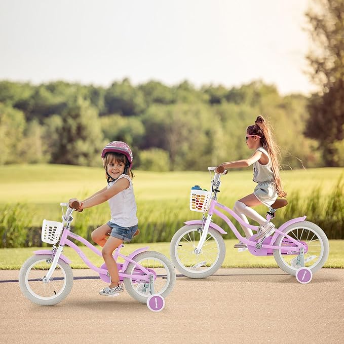 BABY JOY Kids Bike, 12 14 16 18 20 Inch Boys Girls Bike w/Adjustable Seat, Removable Basket, Handbrake & Coaster Brake, Training Wheels or Kickstand, Kids Bicycle with Multi-Color
