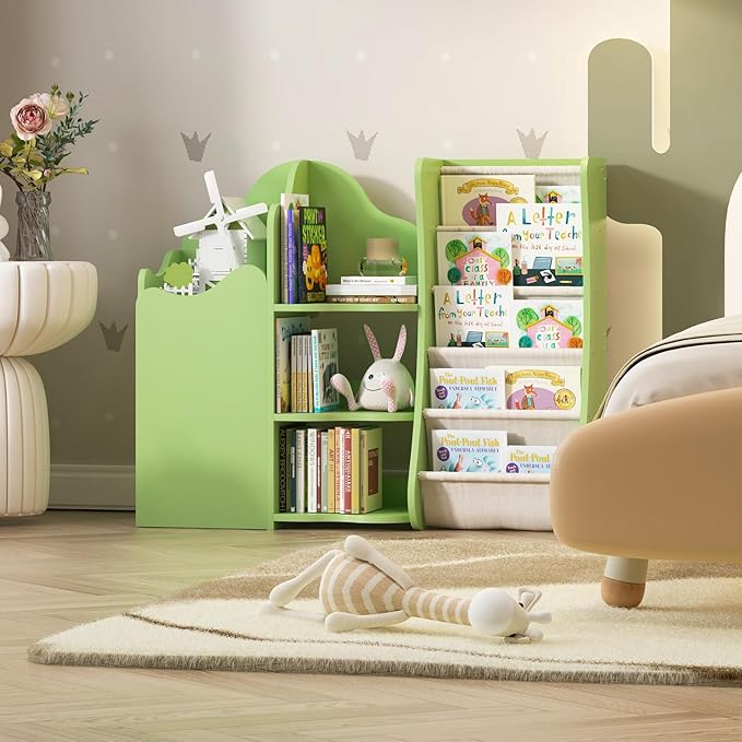 Tree House Kids Bookshelf Toddler Bookcase 4-Tier Baby Book Rack Sling Pocket Cabinet Children Toy Storage Organizer Wood Display Shelf Nursery Playroom Bedroom Classroom Preschool Boy Girl Gift