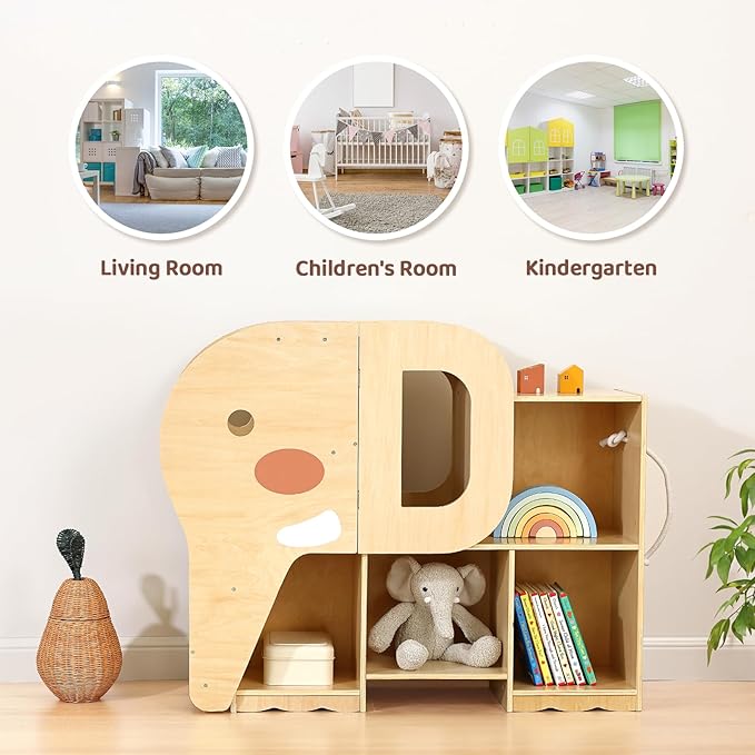 OOOK Montessori Bookshelf with Elephant Shape, 2-Shelf Toddler Bookshelf, Montessori Shelf and Toy Storage Organizer for Classroom, Kindergarten, Kids Room, Playroom and Daycare.