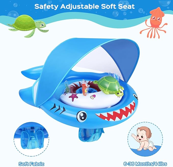 Baby Pool Float with UPF50+ Sun Protection Canopy, Inflatable Toddler Swimming Float with Ocean Animal Toys, Infant Pool Floaties with Adjustable Safety Seat for Kids 6-36 Months