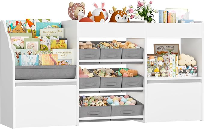 62.2 inches Toy Storage Organizer and Kids Bookshelf, Toy Organizer with 2 Movable Drawers and 9 Box Bins, 4 Tier Toddler Bookshelf for Book Storage and Display