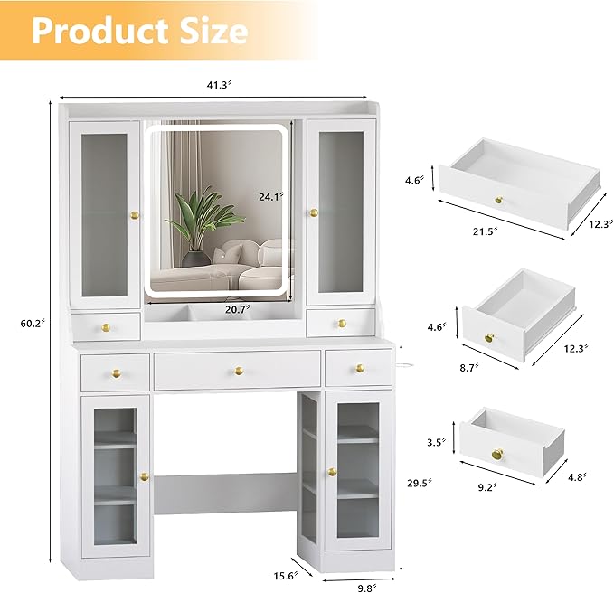 Makeup Vanity Desk with Mirror and Lights, 41" White Vanity Set with 5 Drawers & 4 Glass Cabinets, Power Outlet & Adjustable LED Lights, Dressing Table for Women & Girls Bedroom