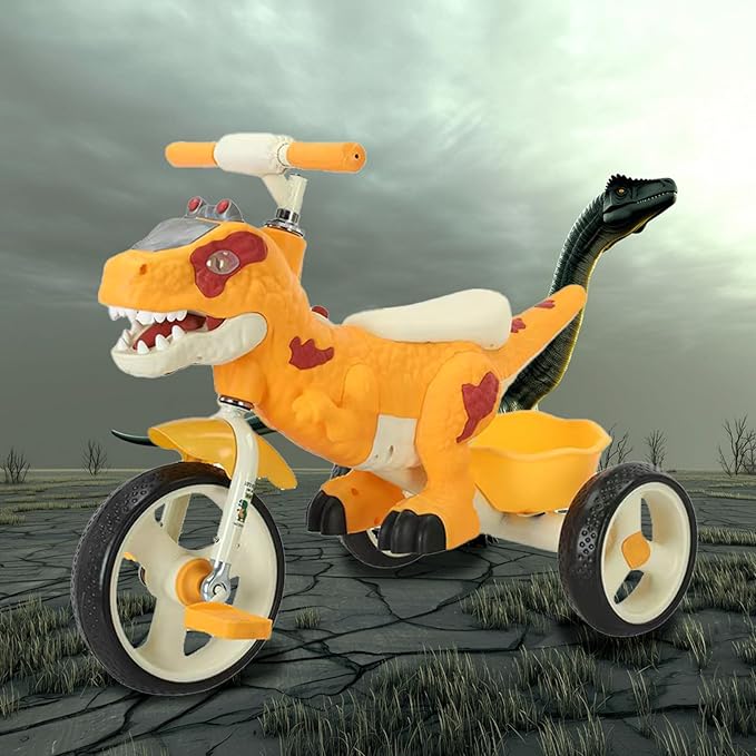 Dinosaur Kids Tricycle for Rider, Toddlers 2-6 Years - Trike Bike with Music, LED Lights, Storage Basket & Rubber Wheels | Indoor/Outdoor Big Wheels Bike Gift for Boys & Girls (Yellow)