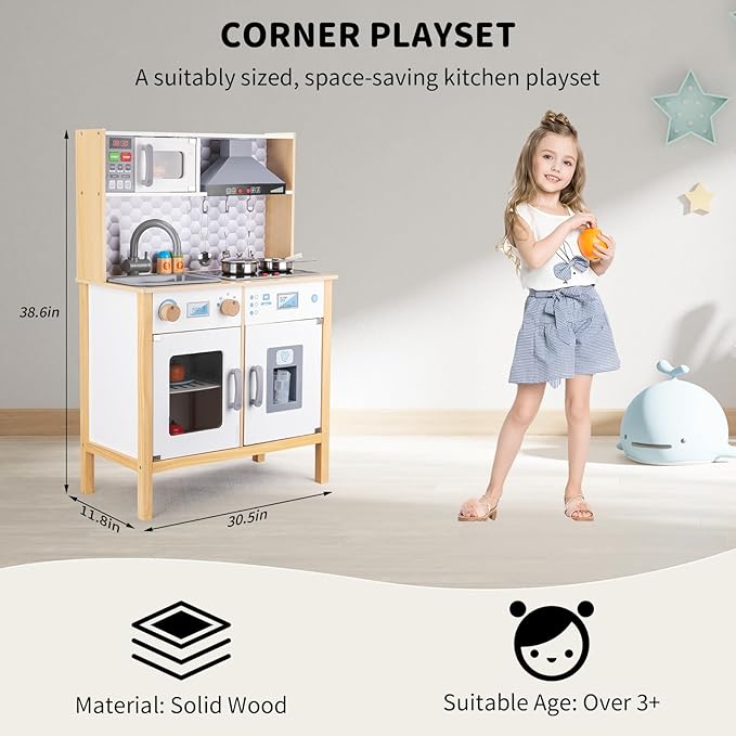 Wooden Play Kitchen for Kids – Pretend Play Kitchen Set with Cooking Accessories, Real Lights & Sounds | Chef Pretend Kitchen Playset for Toddlers, Wooden Kitchen Set with 6 Pcs Toy Food