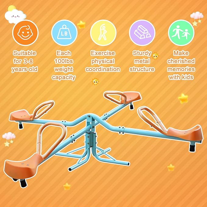 360 Degree Rotation Seesaw Swivel Teeter-Totter, 2/3/4 Seats Sit and Spin Outdoor Playground Equipment for Kids, Toddlers, Boys, Children (Orange-4 Seats)
