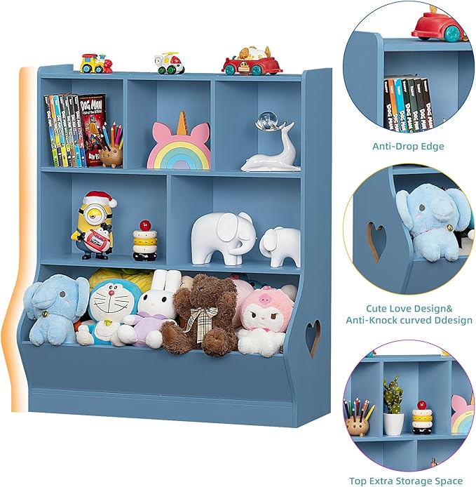 Lerliuo Kids Storage Organizer, 3 Tier Children Bookcase and Bookshelf, Toddler 6 Cubby Cabinet, Wood Book Shelf for Playroom, Bedroom, Living Room, Nursery, School 39.17'' H(Blue)